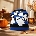 thumbnail image 1 of WZXFASHION Knit Beanie Hat for Women Jacquard Knit Striped with Spooky Ghost Print Slouchy Skull Cap for Cosplay Party Halloween Costume, 1 of 2