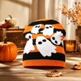 thumbnail image 1 of WZXFASHION Knit Beanie Hat for Women Jacquard Knit Striped with Spooky Ghost Print Slouchy Skull Cap for Cosplay Party Halloween Costume, 1 of 3