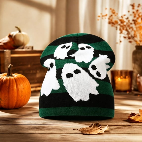 WZXFASHION Knit Beanie Hat for Women Jacquard Knit Striped with Spooky Ghost Print Slouchy Skull Cap for Cosplay Party Halloween Costume