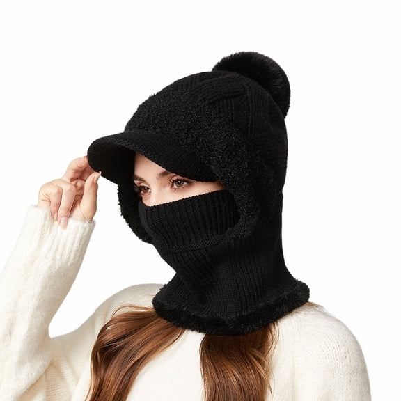 WZXFASHION Ribbed Knit 3-in-1 Hat Scarf Ear Flap Combo Winter Hat for Women and Men Black One Size