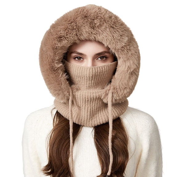 WZXFASHION Ribbed Knit 3-in-1 Hat Scarf Ear Flap Combo Winter Hat for Women and Men Khaki One Size