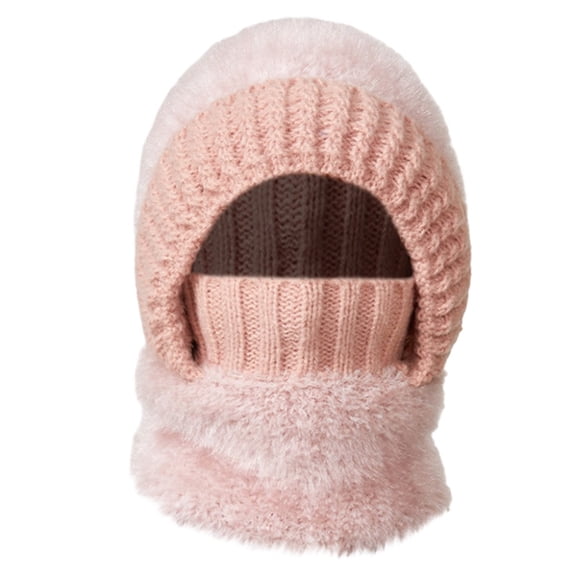 WZXFASHION Ribbed Knit 3-in-1 Hat Scarf Ear Flap Combo Winter Hat for Women and Men Pink One Size