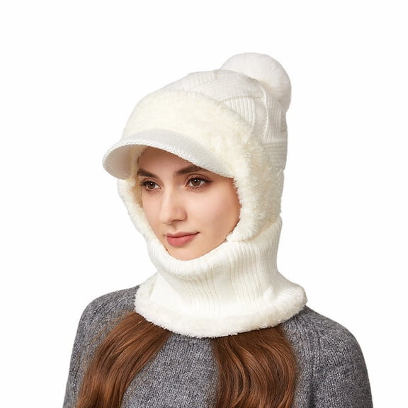 WZXFASHION Ribbed Knit 3-in-1 Hat Scarf Ear Flap Combo Winter Hat for Women and Men White One Size