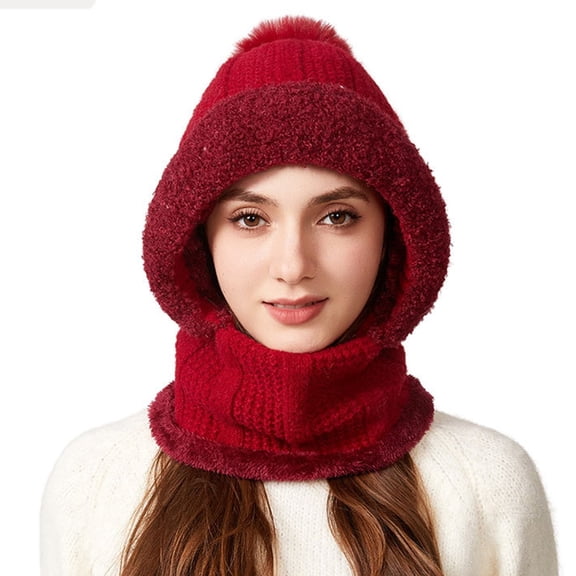 WZXFASHION Ribbed Knit 3-in-1 Hat Scarf Ear Flap Combo Winter Hat for Women and Men Wine One Size