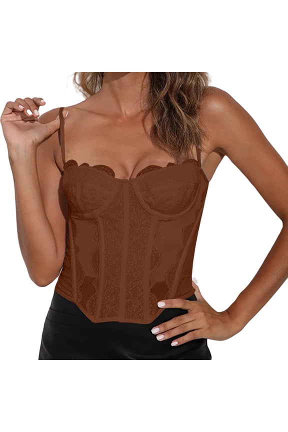 Strapless Lace Bandeau Bustier Tummy Control Shapewear Outerwear Top Coffee M