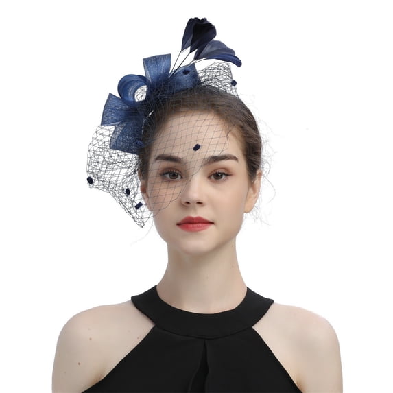 WZXFASHION Tea Party Hats for Women Mesh Feather Decor Bow Decoration Derby Hats For Cocktail Ball Church Navy