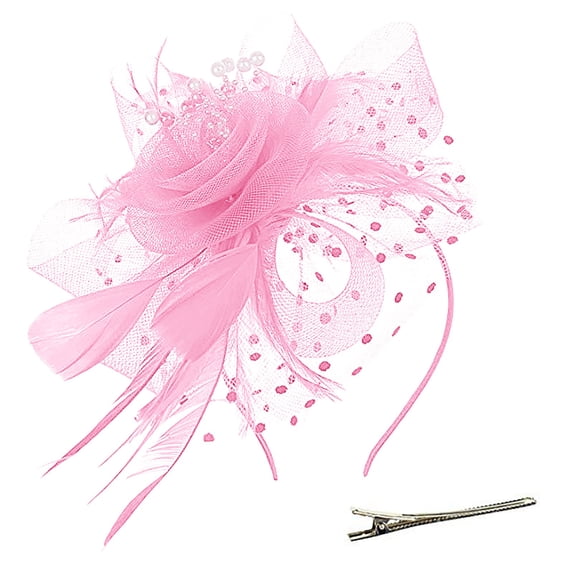 WZXFASHION Tea Party Hats for Women Mesh Feather Decor Ribbons Decoration Hair Clip Bridal Hats For Church Wedding Pink