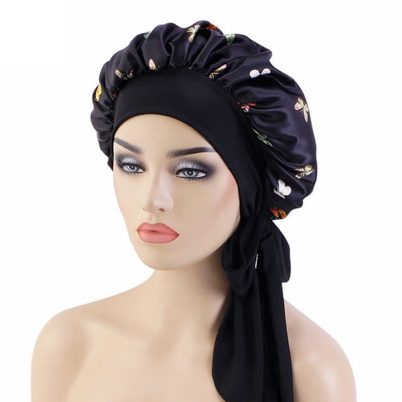 WZXFASHION Turban Head Wraps for Women with Ethnic Pre Tied and Butterfly Print Trailing Tail on Side Chemo Turban Head Scarf for Sleep Indoor Relax