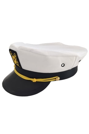 White Navy Sailor Hat Gold Trim Yacht Captain Cap Nautical Style Boat Headwear White One Size