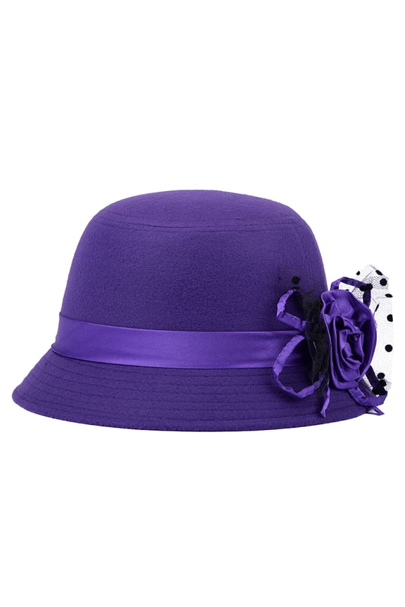 Women‘s Wide Brim Wool Blend Cloche Hat Winter Warm Flower Decor Bowler Hat Solid Color Purple One Size