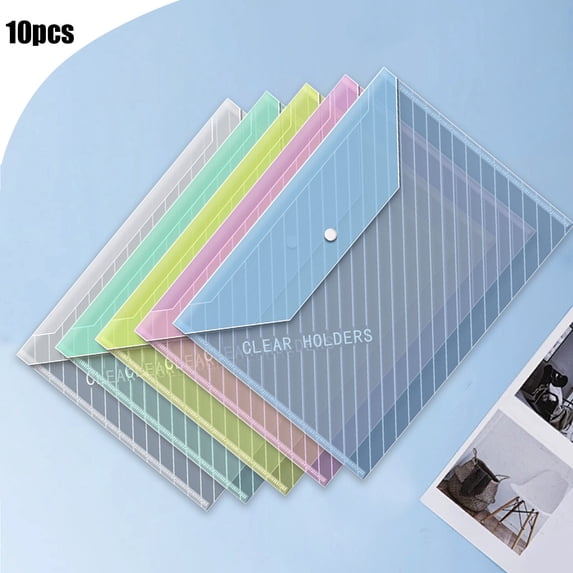WZXPWT 10 PCS Clear Document Folders, Plastic Filing Envelopes for A4 Documents, Waterproof Organizer Pouches with Snap Closure, Durable Document Holders for School and Office