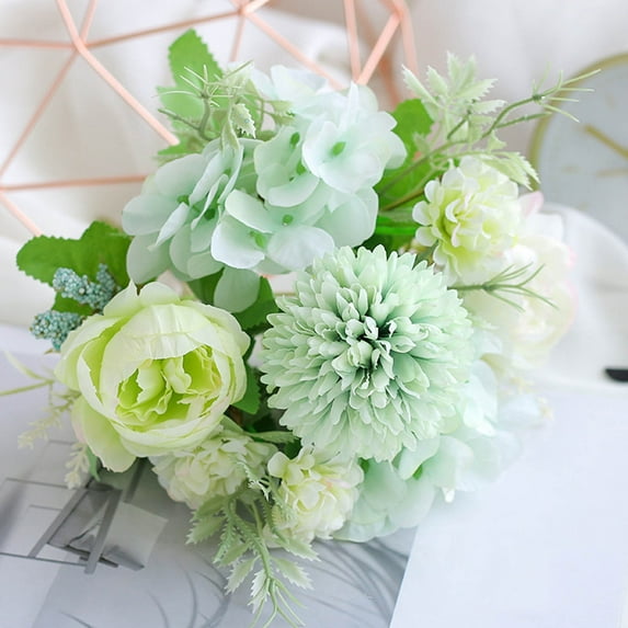 WZXPWT 12" Silk Mixed Dahlia & Rose Bouquet, Realistic Artificial Flowers for Wedding/Home/Garden Decor - Silk Floral Arrangement with Hydrangea & Foliage(Green)