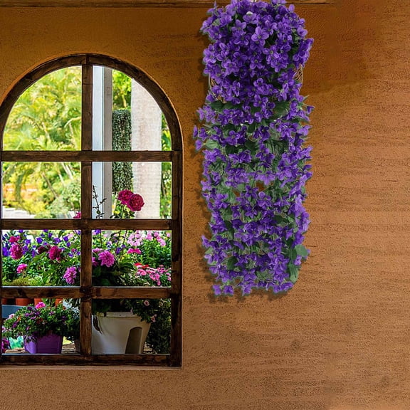 WZXPWT 28" All-Season Fade-Resistant Violet Hanging Basket, Museum-Grade Realism Artificial Flowers for Outdoor/Indoor Decor - Flexible PE Rattan Wall Art with Moss Base(Blue)