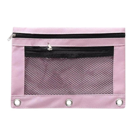 WZXPWT 3-Ring Binder Compatible Double-Layer Pencil Pouch, 8"x10" Clear View Window Zippered Supply Organizer - Oxford Cloth Mesh Cosmetic Bag with Dual Compartments (Pink)