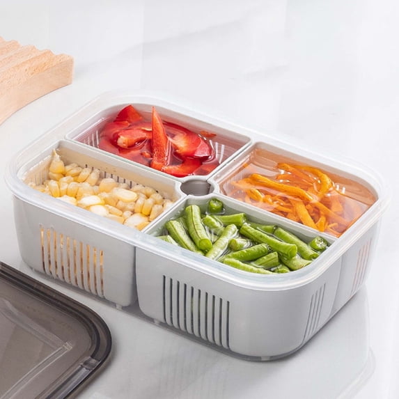 WZXPWT 4-Compartment Fridge Organizer, Clear Divided Snackle Box with Lid, Plastic Food Storage Tray, Refrigerator Bin for Fruits, Veggies, and More