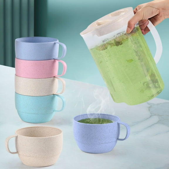 WZXPWT 5 Pack Straw Tableware Set, Eco-Friendly Straw Cups with Multicolor Mugs, Lightweight Tea Kettle with Stackable Cups, Dishwasher Safe Cups for Kids and Adults