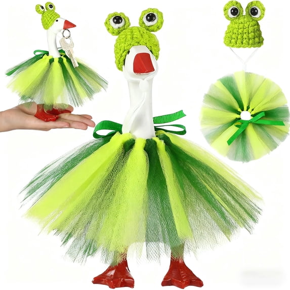 WZXPWT 7 Inch Mini Desk Goose Costume, Frogs-Themed Knitting Hat Outfit, Green Tutu Dress for Miniature Goose, Decorative Accessory for Tabletop Geese