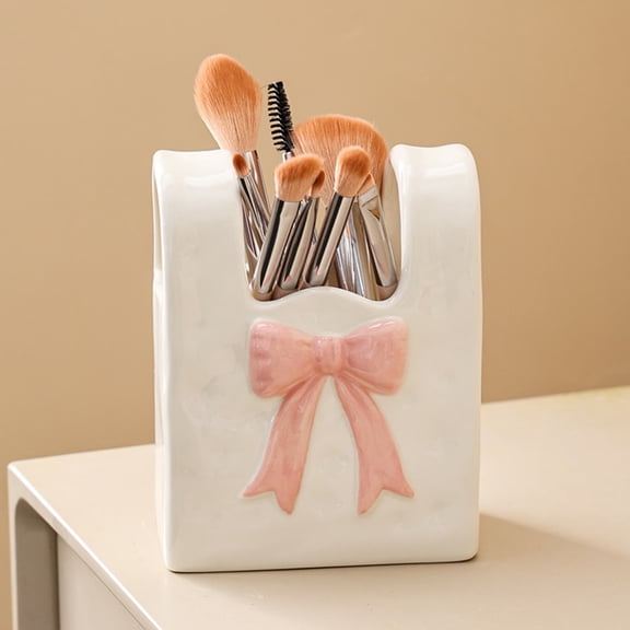 WZXPWT Ceramic Handbag Makeup Brush Organizer, Glossy Finish Beauty Accessory, Ideal for Vanity or Bathroom Counter, Stylish Bowknot Design, Perfect Gift for Beauty Lovers