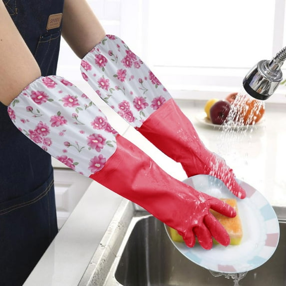 WZXPWT Flower Rubber Velvet Cleaning Gloves, Antiskid Household Washing Gloves, Long Sleeve Dishwashing Gloves, Protective Kitchen Gloves
