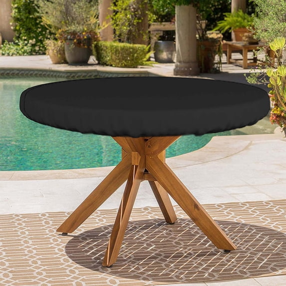WZXPWT Heavy-Duty 600D Oxford Table Cover, All-Weather Waterproof Protector for Patio/Garden - Windproof Round Outdoor Furniture Cover with Elastic Hem & Buckle Straps(Black)