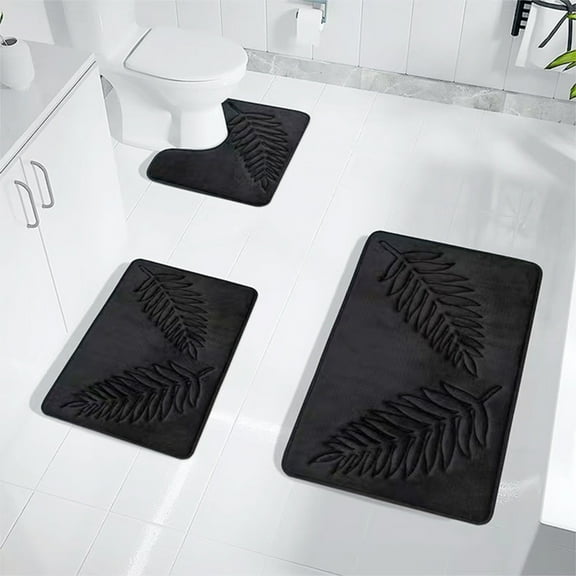 WZXPWT Non-Slip Leaf Print Floor Mats Set, Water-Absorbent Bathroom Rug Trio - 3-Piece Modern Rubber-Backed Mats for Kitchen/Living Room/Bedroom with Quick-Dry Technology(Black)