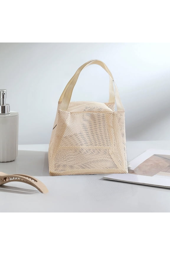 Mesh Yarn Wash Bag, Breathable Visual Cosmetic Pouch, Portable Large Capacity Beach Tote, Easy Storage Handheld Bath Organizer
