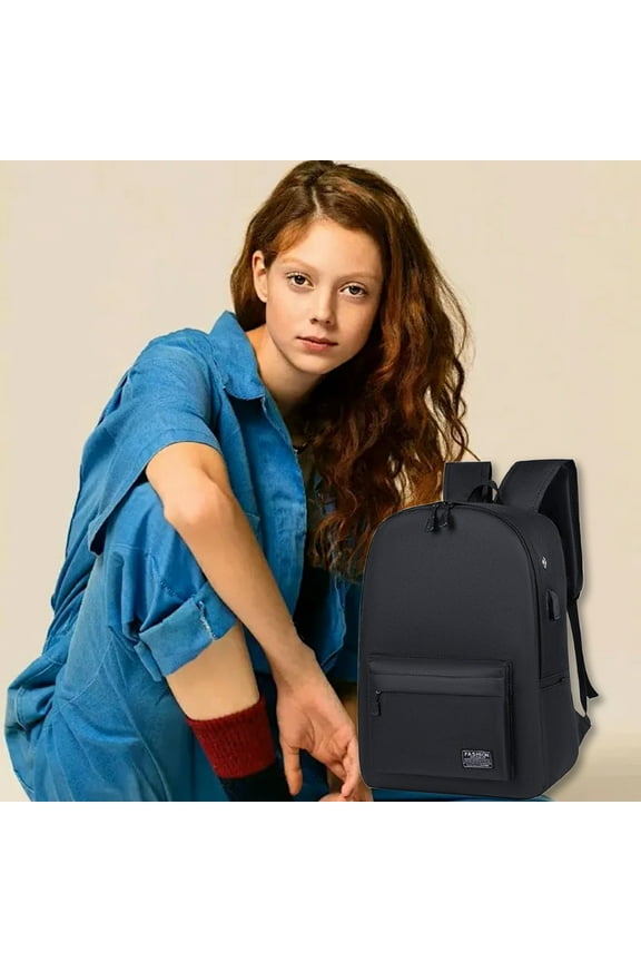 Solid Color Backpack, Unisex Casual Shoulder Bag, Large Capacity Outdoor Travel Rucksack, Durable Oxford Cloth Daypack with USB Charging Port