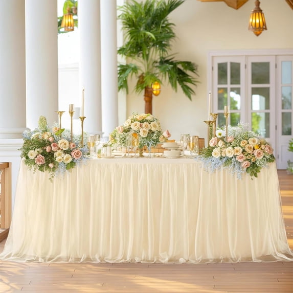WZXPWT Table Skirt, Recyclable Extra Long White Tulle Table Skirt with Ruffles, Elegant Chiffon Table Cover for Wedding and Birthday Decorations