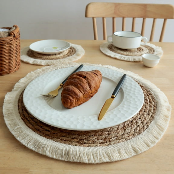 WZXPWT Tassel Placemats, Japanese Style Straw Cattails Mats – Heat Insulating Non-Slip Table Mats