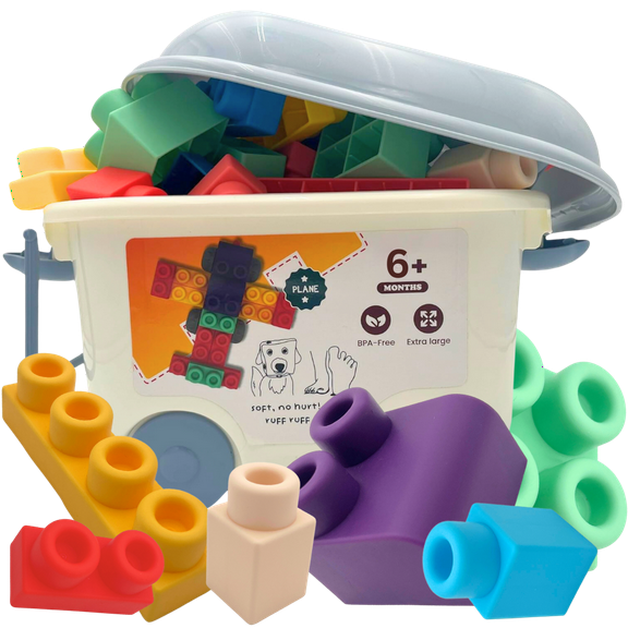 WaBee Baby Large Soft Rubber Toddler Blocks, 50 Pieces in Storage Bin on Wheels - Includes Booklet, Toy, Gift, Birthday, 6m, 1-2, 2-4, 2-3, 3-5 Ages