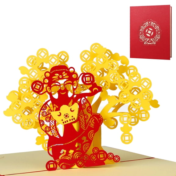 WaaHome 2025 Chinese New Year Pop Up Card Happy Chinese New Year Card with Envelope God of Wealth 3D Pop Up Card Chinese New Year Gift Cards
