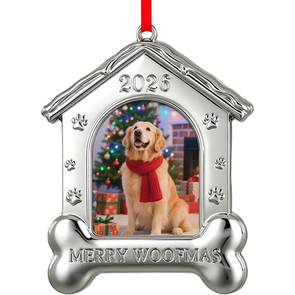 WaaHome 2026 Merry Woofmas Dog House Metal Ornament, Pet Photo Frame Hanging Decor, Festive Holiday Keepsake