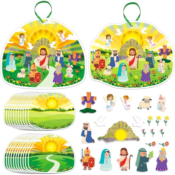 WaaHome 24 Sets Easter Resurrection Ornament Craft Kits - Make Your Own Jesus Story Scene Hanging Stickers Religious DIY Bible Activities for Sunday School, Church, He is Risen Party Decor