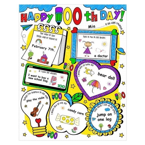 WaaHome 24Pcs Happy 100th Day Poster All About Me 100th Day of School Educational Chart Poster DIY Color 100th Day Activities 100th Day of School Decorations for School Students Classroom Kids Teacher