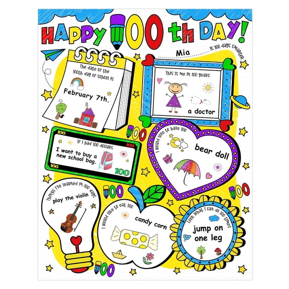Waahome 24Pcs 12"x15" 100th Day of School DIY Posters, Color Your Own Educational Charts for Classroom Activities, Student Decorations & Keepsakes