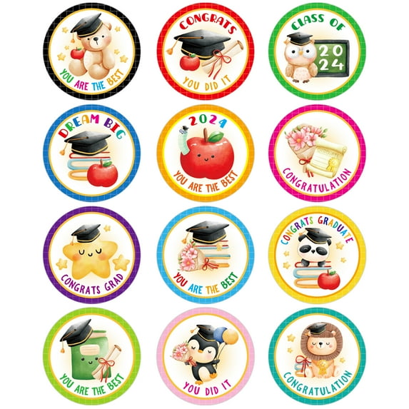 WaaHome 36Pcs Class of 2024 Graduation Stickers Labels Cute Animals Gift Tag Label 1.5" Graduation Envelope Seals Cartoon Cap Label for Card Envelope Seals Boy Girl Preschool Graduation Party