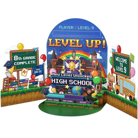 WaaHome 8th Grade Graduation Gifts - Funny Level Up Pixel Game Style 3D Pop Up 8th Grade Graduation Card for Son Daughter Grandkids Game Lover with Envelope, Middle School Graduate (6”x8”)