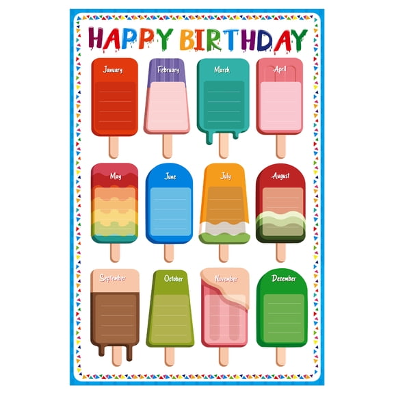 WaaHome Happy Birthday Chart Poster Watercolor Classroom Birthday Chart 16.5"x 11" Ice Pop Birthday Poster for Classroom Decorations Colorful Birthday Chart Decor for Back to School Teaching Supplies