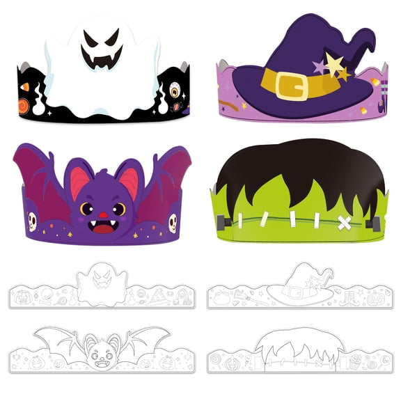 WaaHome Coloring Halloween Paper Hats Decorations for Kids Adults 24pcs Adjustable Scary Halloween Witch Ghost Spider Paper Crowns Hats Caps Headbands for Halloween Party Decorations Supplies Favors