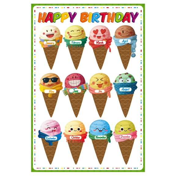 WaaHome Watercolor Happy Birthday Chart Poster 16.5"x 11" Classroom Birthday Chart Confetti Birthday Poster for Classroom Decorations Ice Cream Birthday Chart for Back to School Teaching Supplies
