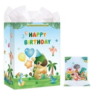 WaaHome Birthday Bags for Kids - 11.5" Medium Dinosaur Happy Birthday Gift Bag with Tissue Paper and Pop Up Card Baby Shower Gift Bags for Boys Girls Birthday Party