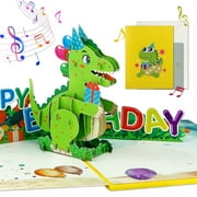 WaaHome Dinosaur Musical Birthday Cards for Kids - Music and Lights 3D T-Rex Handmade Pop Up Birthday Cards with Envelope, Blank Insert, Bday Gift for Boys Girls Son Daughter Grandson Toddler Nephew
