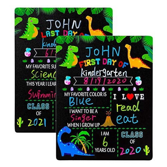 WaaHome Double Sided First Day and Last Day of School Chalkboard Sign 9"x12" Dinosaur Theme First Day of School Chalkboard Sign Back to School Photo Prop Sign for Kids Girls Boys