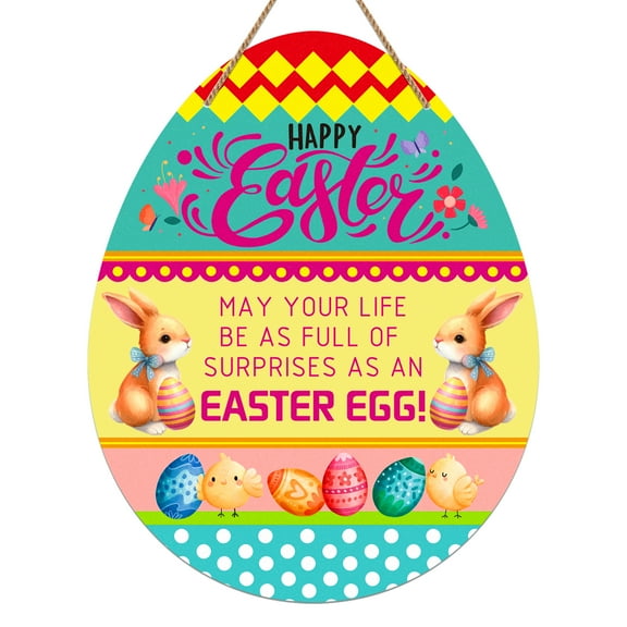WaaHome Easter Door Decorations 11.2"x8.8" Happy Easter Egg Bunny Door Sign Easter Door Hanging Sign Easter Outdoor Bunny Wall Sign Hanging for Home Indoor Outdoor Easter Decor Supplies