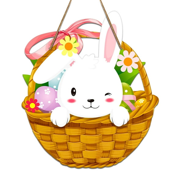 WaaHome Easter Door Decorations,11.7"x13.5" Easter Bunny Basket Door Sign Easter Door Hanger Signs for Wall Door Home Indoor Outdoor Spring Decor Supplies