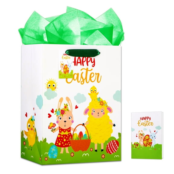 WaaHome Easter Gift Bag with Handle 11.5''x9''x5'' Medium Easter Bunny Sheep Egg Chick Gift Bags with Green Tissue Paper, Easter Gift Bags for Kids