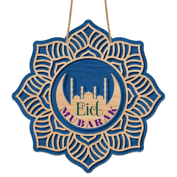 WaaHome Eid Ramadan Mubarak Decorations Eid Mubarak Wood Hanging Signs for Home Eid Mubarak Moon Ornament Wall Door Window Decor Party Wall Hanger for Islamic Muslim Home Decor