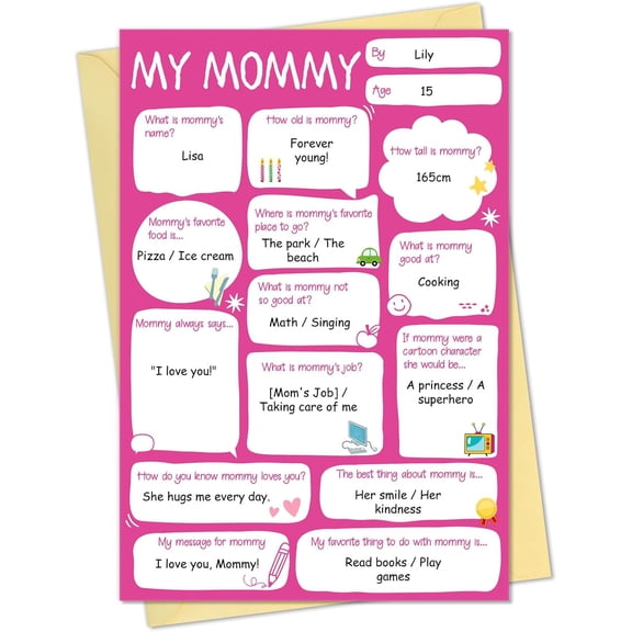 WaaHome Fill in The Blank Mother's Day Card - Personalized Mothers Day Card for Mom Rose Pink Design Gift for Mommy from Kids Son Daughter (5.5"x 8")