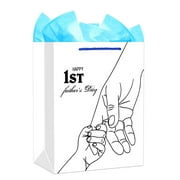 WaaHome First Fathers Day Gift Bag - 11.5" Medium First Time Dad Fathers Day Gift Bags with Tissue Paper and Handle Happy 1st Father's Day Paper Bag for New Dad from Wife Baby Girl Boy