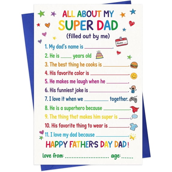 WaaHome Funny Fathers Day Card from Kids - All About My Super Dad Fill-in-the-Blank Interactive Happy Fathers Day Card for Husband & Grandpa with Envelope & Seal, from Daughter or Son